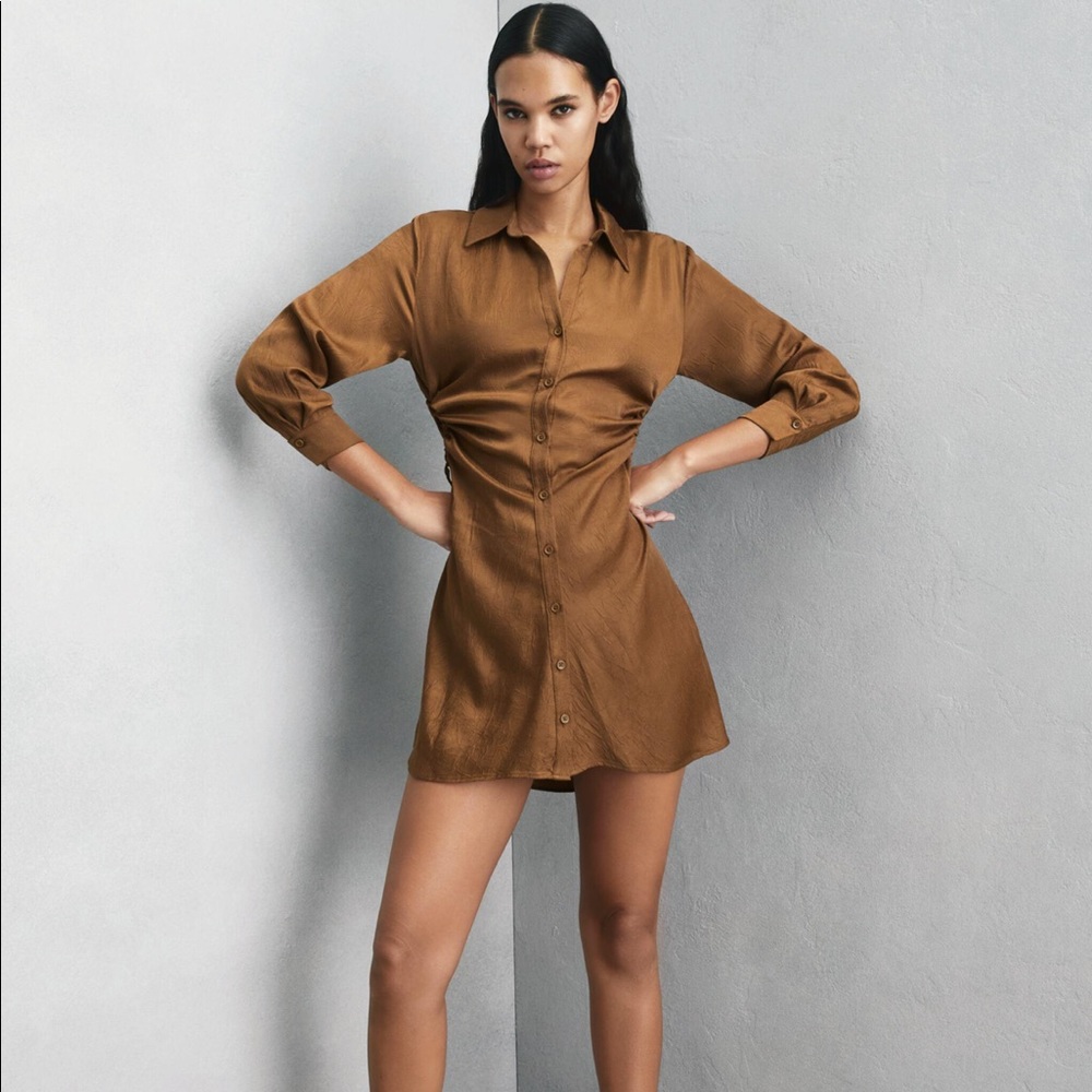New Zara wrinkled effect mini dress caramel.